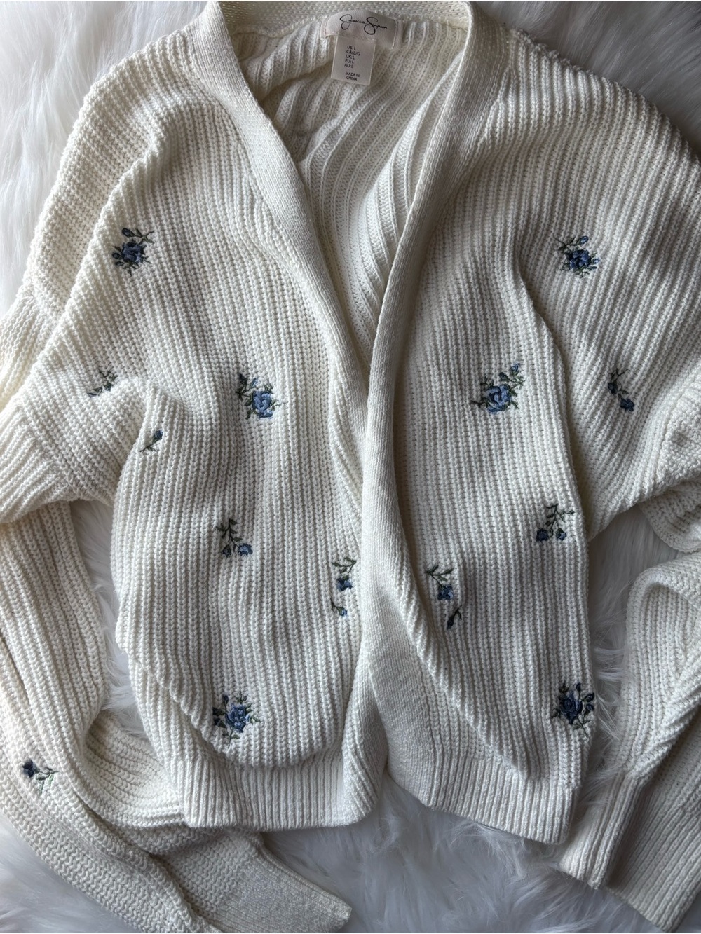Jessica Simpson Cream Open-Front Cardigan with Blue Floral Embroidery